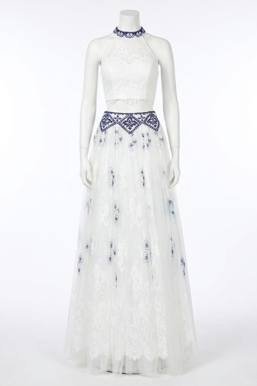 NEW SHERRI HILL two-piece keyhole prom dress in ivory/royal